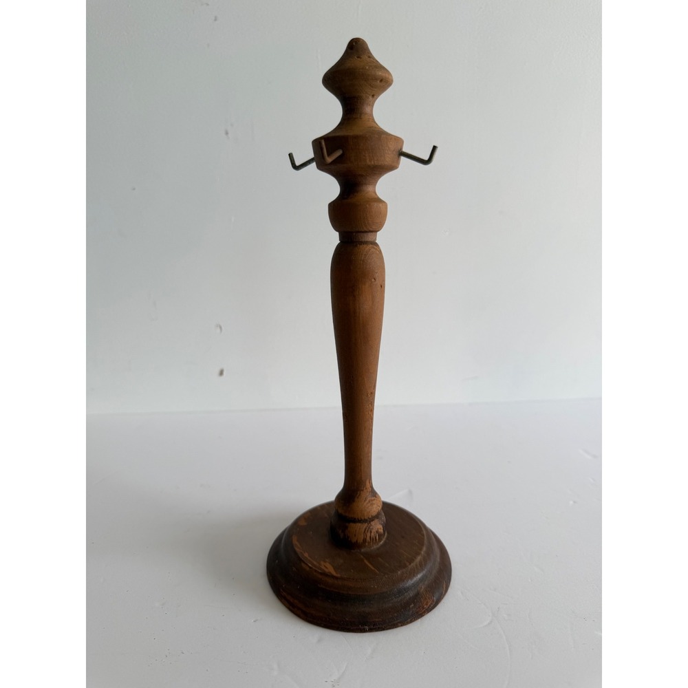 Vintage Wooden Jewelry Stand Spindle Turned Wood 4 Hook Necklace Holder Brown